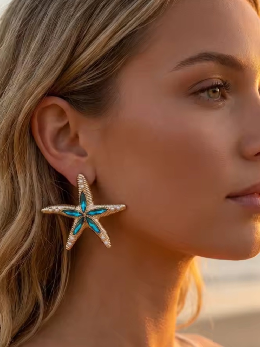 Starfish Rhinestone Pearls Earrings